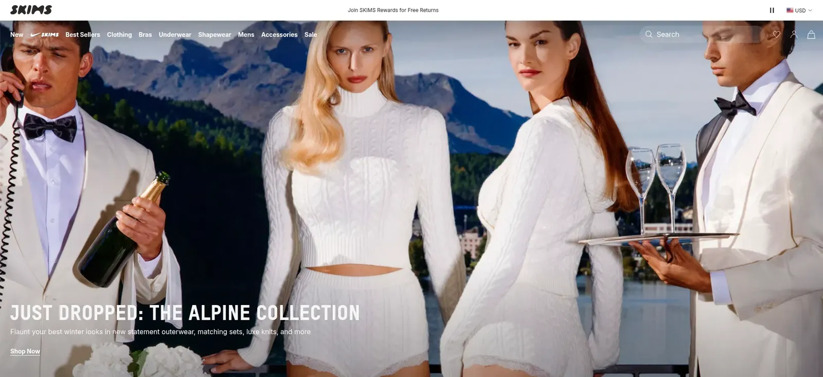 Color screenshot of the SKIMS.com storefront showing an Alpine Collection campaign and product categories
